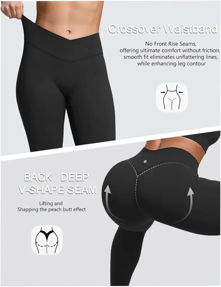 Butt Lifting Leggings for Women showcasing crossover waistband and deep V-shape seam for enhanced body contour.